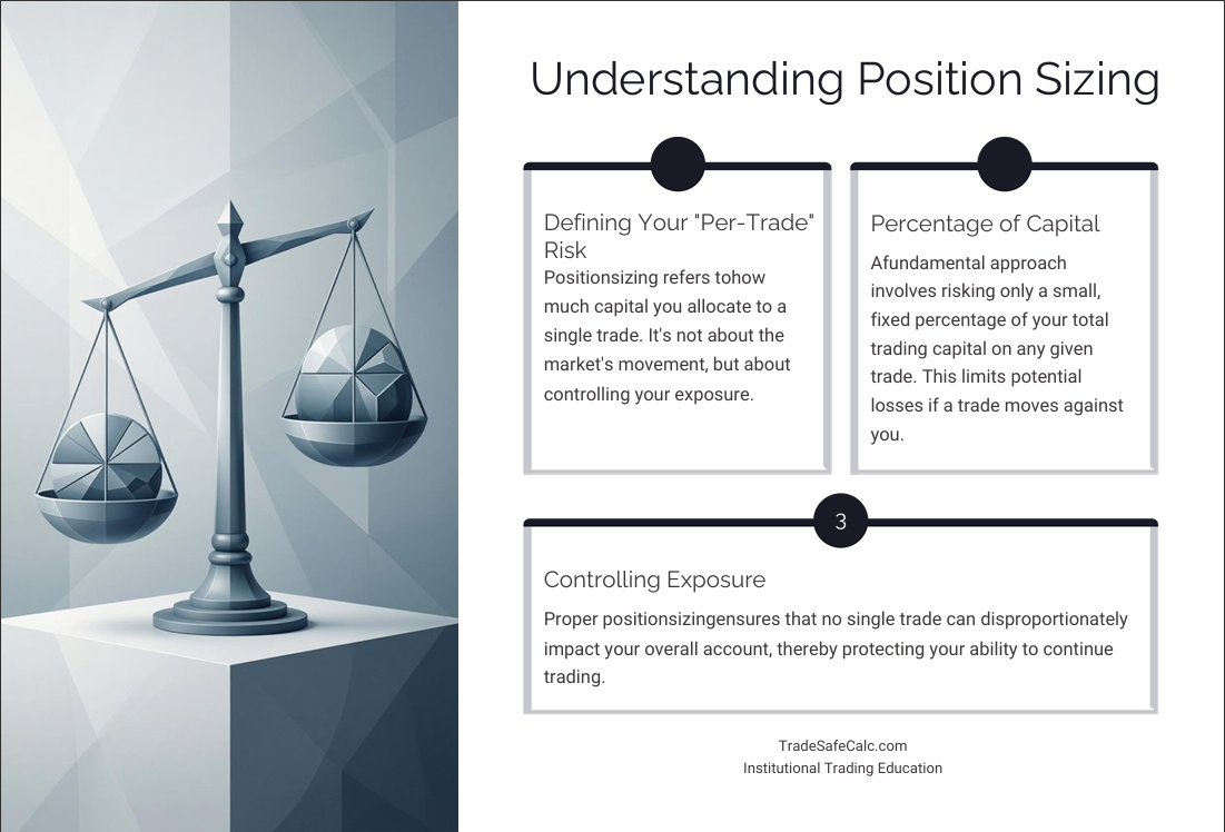 Position sizing concept showing balance between risk and capital using a scale to control trade exposure by TradeSafeCalc